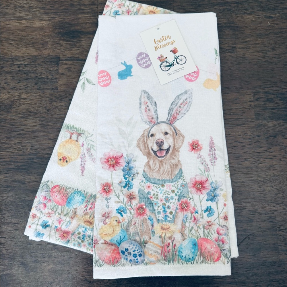 Easter Bunny Dog Golden Retriever Floral Beaded Dish Towels Tea Towels Set - Picture 2 of 3